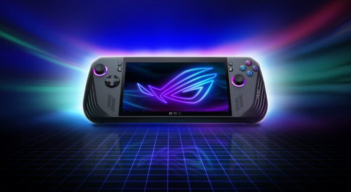 ASUS ROG Ally X handheld gaming PC on a dark background