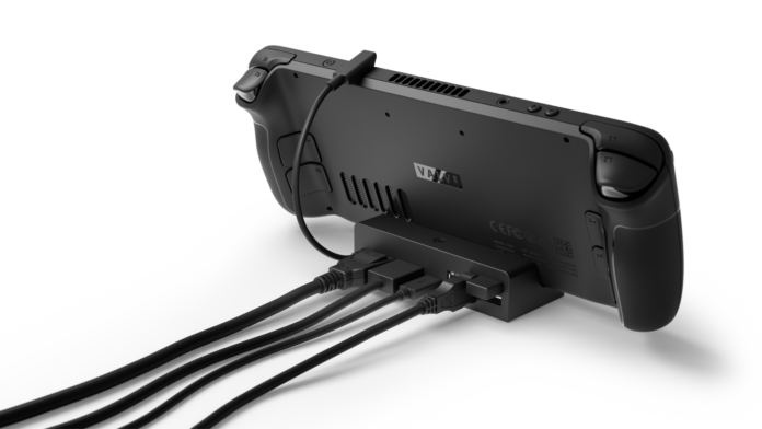 Steam Deck handheld in its docking station, representing handheld gaming accessories