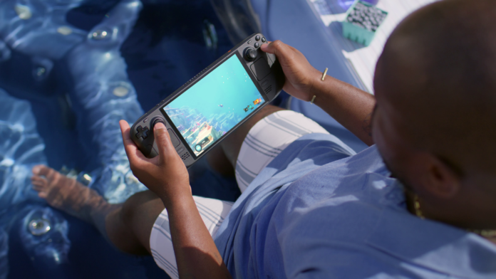 Steam Deck OLED handheld with Dave the Diver on screen